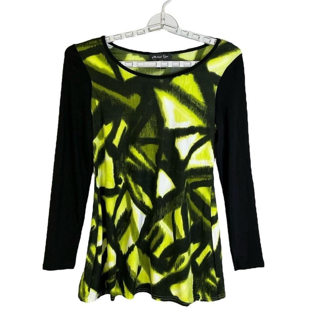 Michael Tyler Collections Top Abstract Print Long Sleeve Tunic Green Black S